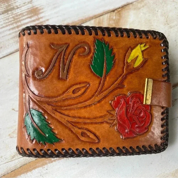 Vintage 70s tooled leather handpainted artisan wallet monogram N roses RaRe EUC - Picture 1 of 15